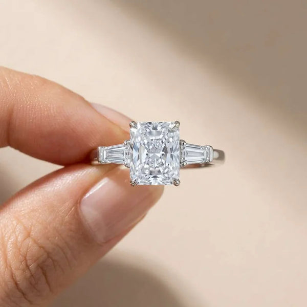 Radiant Cut Three-Stone Ring with Tapered Baguettes